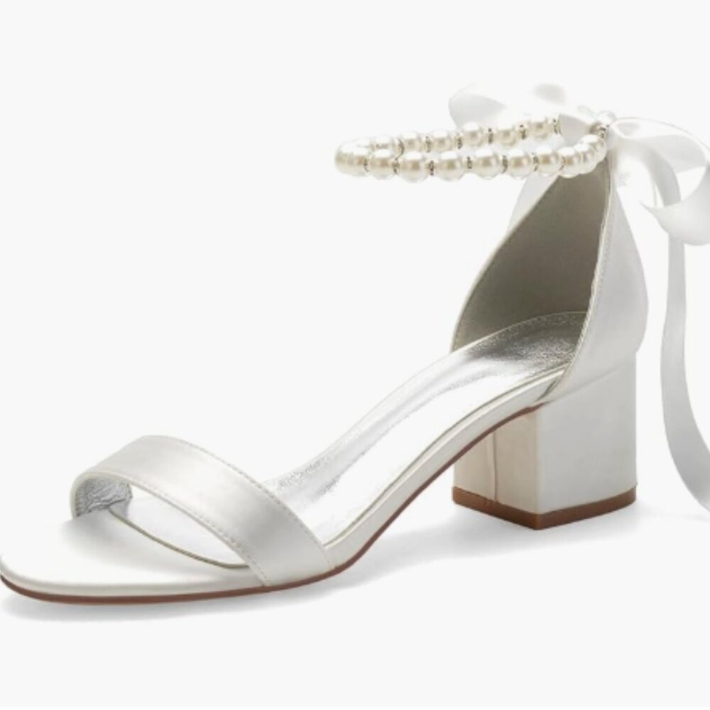 Women's Low Block Bridal Heels with Pearl Straps and Ribbon Tie